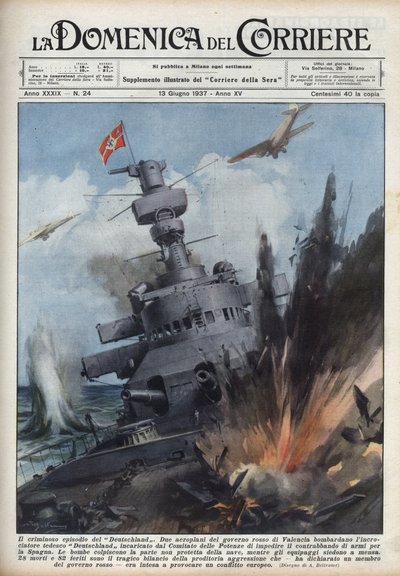 Španělská občanská válka: Dvě letadla republikánské vlády ve Valencii bombardovala německý křižník Deutschland, aby zabránila obchodu se zbraněmi do Španělska. Ilustrace Achille Beltrame v „La domenica del Corriere““ z 13. června 1937. od Achille Beltrame