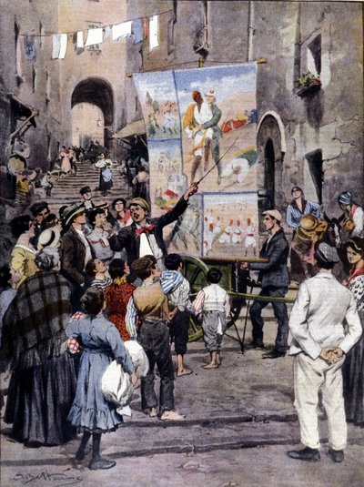 The Poesy of War: Nejnovější populární písně inspirované libyjskou válkou zpívají v ulicích Neapole pouliční umělci. Ill. de Beltrame. La Domenica del Corriere. 1912 od Achille Beltrame