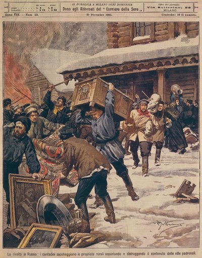 Ruská revoluce: Rolníci drancující majetek venkovských bohatých, Achille Beltrame (1871-1945), z La Domenica del Corriere, prosinec 1905 od Achille Beltrame