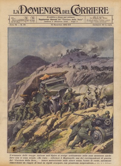 Italian joukkojen eteneminen Epirukselle tapahtuu rohkeasti vuoristoisilla alueilla, vaikka teitä ei olisikaan (väri litho) od Achille Beltrame