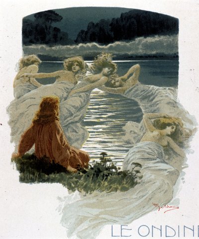 Postavy ondin, mladých vodních nymf germánské mytologie. Ilustrace A. Beltrame. od Achille Beltrame