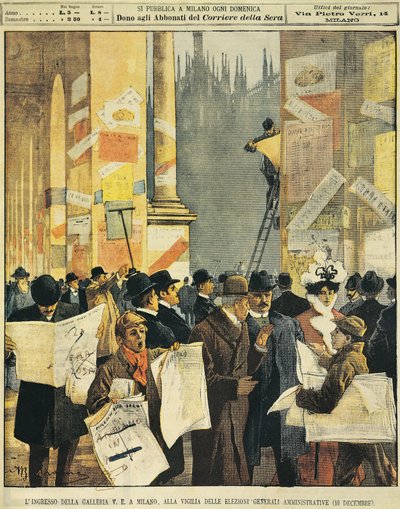 Vchod do Galleria Vittorio Emanuele v Miláně, v předvečer všeobecných správních voleb, Achille Beltrame (1871-1945), z La Domenica del Corriere od Achille Beltrame