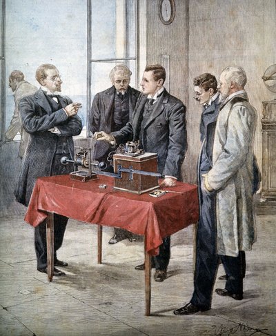 Zkušenosti Guglielma Marconiho (1874 - 1937) v roce 1899: Bezdrátová telegrafie přes kanál. Ilustrace Achille Beltrame v ""Domenica del Corriere"". od Achille Beltrame