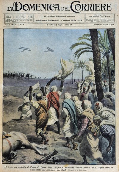 Vzdání se významných osobností oázy Koufra (Qufra nebo Cufra, libyjská Sahara) po těžké a vítězné bitvě italských jednotek, kterým velel generál Graziani - dess. de A. Beltrame v “”la Domenica del Corriere”” z 8.2.1931 od Achille Beltrame
