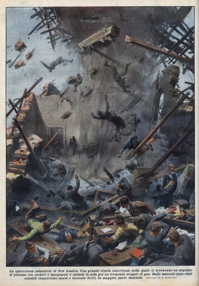 Tragédie školní exploze v New London, Texas, způsobená únikem plynu 18. března. Ilustrace Achille Beltrame v „La domenica del Corriere““ ze 4. dubna 1937. od Achille Beltrame