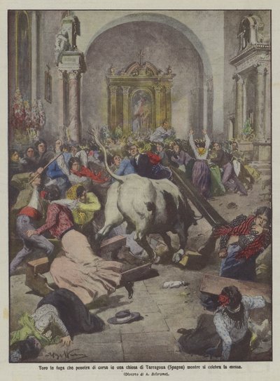 Býk na útěku běží do kostela v Tarragoně (Španělsko), zatímco se slaví mše od Achille Beltrame