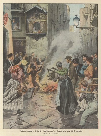 Lidové tradice, obřad SantAntuono, v Neapoli, večer 17. proudu. od Achille Beltrame