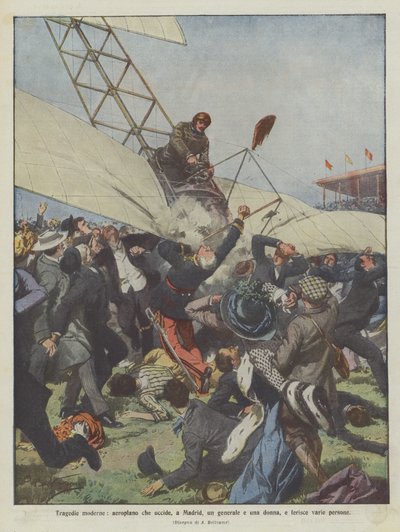 Moderní tragédie, letadlo, které v Madridu zabije generála a ženu a zraní různé lidi od Achille Beltrame