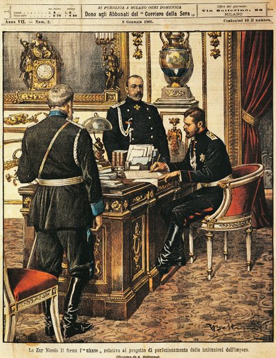 Car Nicholas II podepisuje projekt institucionálních reforem, Achille Beltrame (1871-1945), z La Domenica del Corriere, 8. ledna 1905 od Achille Beltrame