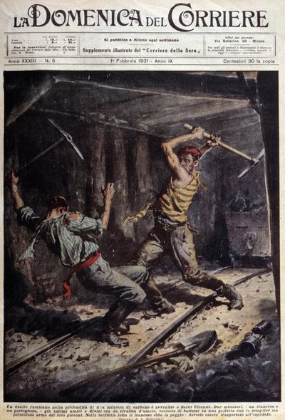 Dva francouzští a portugalští horníci bojující se sekerami v galerii kvůli milostnému příběhu - kresba A. Beltrame, v „La Domenica del Corriere““ z 1. února od Achille Beltrame