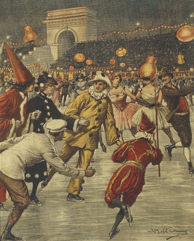 Typická kostýmní párty na ledě v Arena v Miláně, Achille Beltrame, Ilustration, Illustrator Achille Beltrame (1871-1945), z La Domenica del Corriere od Achille Beltrame
