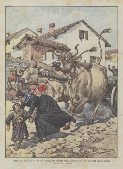 Pokorní hrdinové, učitel, který na záchranu malé holčičky byl zabit dvěma rozzuřenými voly poblíž Brescie od Achille Beltrame