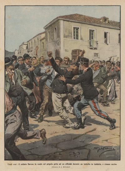 Pokorní hrdinové, voják baron chrání důstojníka hrudníkem během nepokojů? od Achille Beltrame