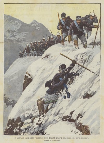 Kapitán Alpini narazil do rokle během pochodu na Mount Telegraph od Achille Beltrame