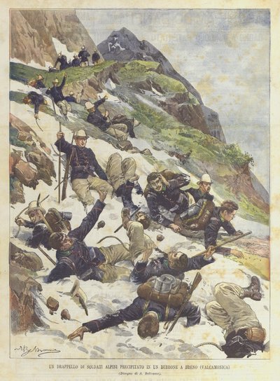 Lapání alpských vojáků padlých do rokle v Brenu (Valcamonica) od Achille Beltrame