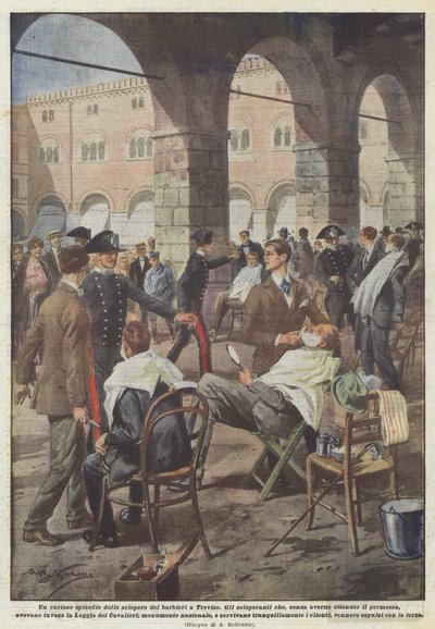 Kuriózní epizoda stávky holičů v Trevisu od Achille Beltrame