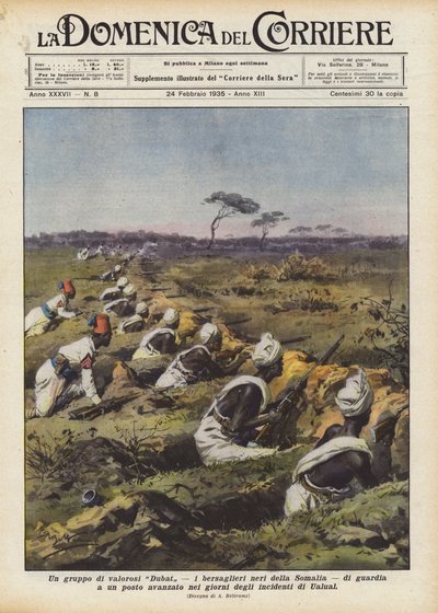 Skupina statečných Dubatů, somálských černých bersaglieri, střeží předsunuté stanoviště v ? od Achille Beltrame
