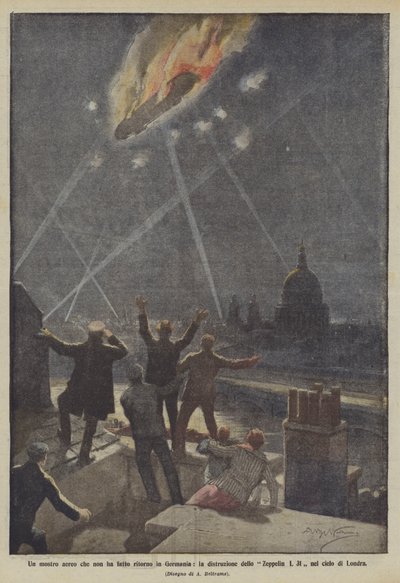 Vzdušné monstrum, které se nevrátilo do Německa, zkáza Zeppelinu L 31 na londýnském nebi od Achille Beltrame