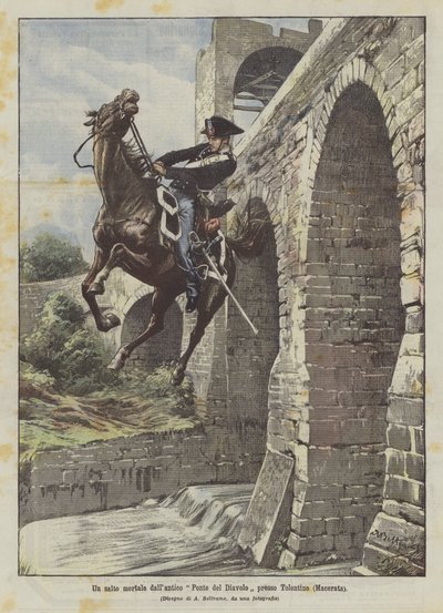 Salto ze starověkého Ďáblova mostu poblíž Tolentina (Macerata) od Achille Beltrame