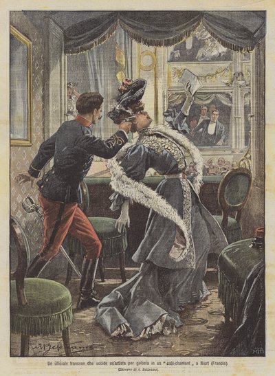 Francouzský důstojník zabije umělce ze žárlivosti v kavárně v Niortu (Francie) od Achille Beltrame