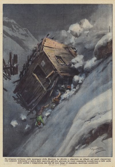 Noční uragán v bavorských horách roztrhal a zničil horskou chatu. od Achille Beltrame