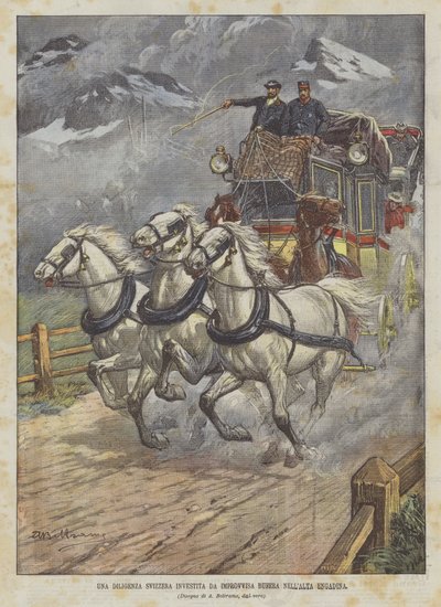 Švýcarský dostavník zasažený náhlou bouří v Horním Engadinu od Achille Beltrame