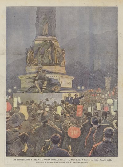 Demonstrace v Trentu, populární procesí před památníkem Dante, La Sera Dell11 Corr od Achille Beltrame