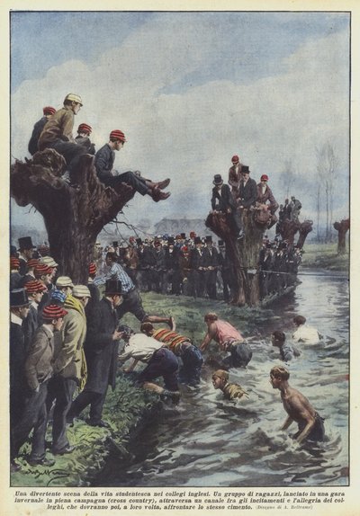 Zábavná scéna ze života studentů v anglických internátních školách od Achille Beltrame