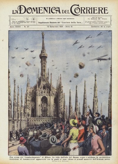 Scéna z bombardování Milána od Achille Beltrame