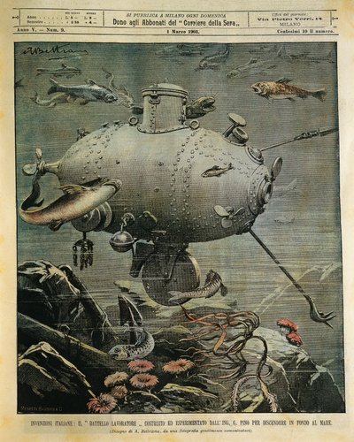 Podvodní námořní plavidlo pro průzkum mořského dna, ilustrace Achille Beltrame (1871-1945), z La Domenica del Corriere, 1. března od Achille Beltrame