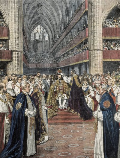 Spojené království (1901). Korunovace Edwarda VII ve Westminsterském opatství. Ilustrace Achille Beltrame vydaná v Domenica del Corriere. Rytina. od Achille Beltrame