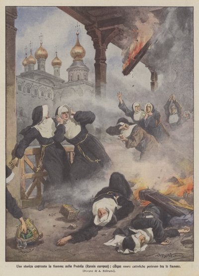 Hořící historický klášter v Podolí (evropské Rusko), pět katolických jeptišek zahynulo v plamenech od Achille Beltrame