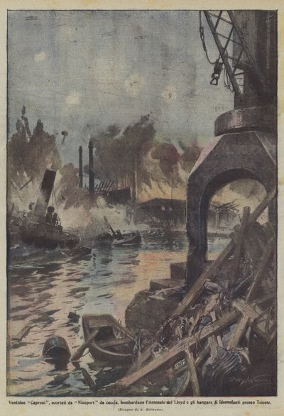 Dvaadvacet Capronů v doprovodu stíhaček Nieuport bombarduje Lloydovu loděnici a hangáry? od Achille Beltrame