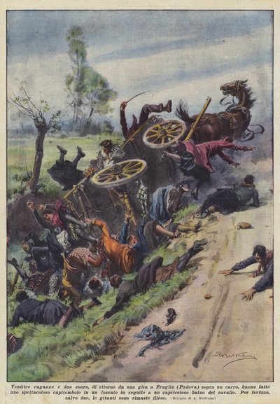 Třiadvacet dívek a dvě jeptišky, které se vracely z výletu do Praglie (Padovy) na voze? od Achille Beltrame