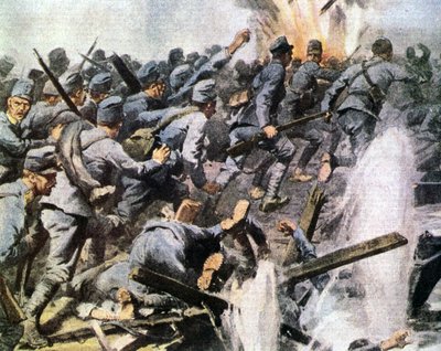 Ofenzíva Vittoria Veneta: rakouský ústup na ilustraci La Domenica del Corriere „Hora přišla hrát píšťaly vraťte se domů hra, Tragický ústup na Piavě“ (litografie) od Achille Beltrame