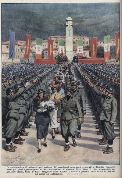 Svatební obřad členů černých košil ve Veronese Caprino en Venetie Ilustrace Achilles Beltrame de “” La Domenica del corriere “” ” z 10.10.1937. od Achille Beltrame