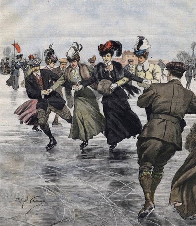 Zimní radovánky. Bruslaři. ilustrace Achille Beltrame v roce 1907. od Achille Beltrame