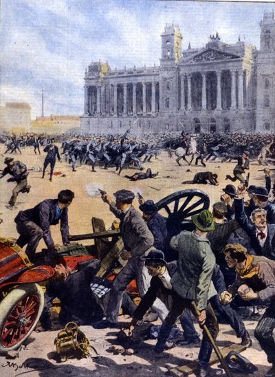 Dělnická vzpoura v Budapešti v roce 1912 za všeobecné volební právo. od Achille Beltrame