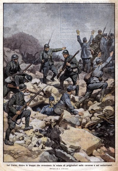 První světová válka: Italská fronta na náhorní plošině Carso (Trentino) a vězni v podzemí. "Domenica del Corriere". 07/1917 (litografie) od Achille Beltrame
