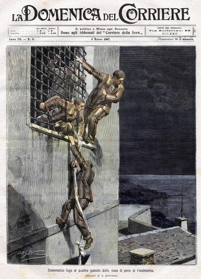 útěk tří vězňů z věznice Finalmarina v Itálii v roce 1907. Ilustrace Achille Beltrame pro Domenica del Corriere z 3. března od Achille Beltrame