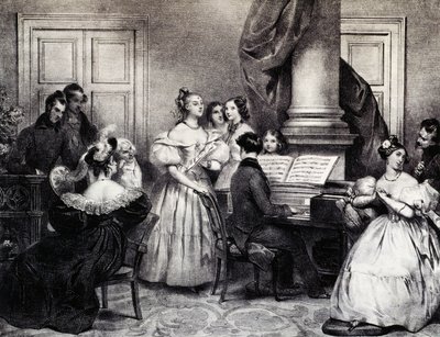 Rodinný koncert s klavírem, Achille Deveria (1800-1857), rytina, Francie od Achille Devéria