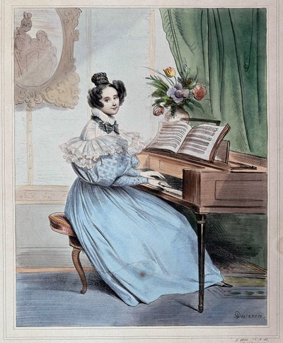 Sedm hodin večer, žena u pianoforte od Devérie, začátek 19. století od Achille Devéria