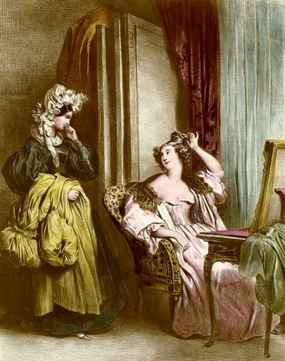 Záchod: elegantní mladá žena se svou služebnou Litografie Achilles Deveria (1800-1857) Collection Particuliere z 19. století od Achille Devéria