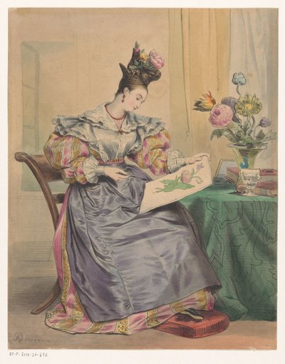 Žena vybarvování obrázku 4 hodiny večer Hodiny dne (název seriálu) Les Heures du jour (název série) od Achille Devéria