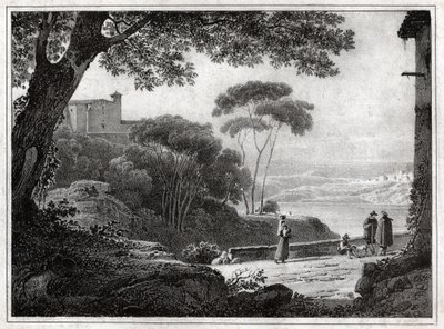 Jezero Albano. (rytina kolem roku 1820) od Achille Etna Michallon
