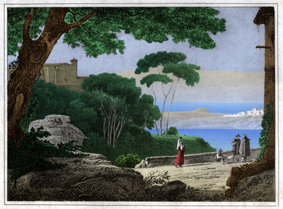 Jezero Albano. (rytina, cca 1820) od Achille Etna Michallon