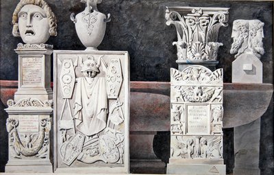 Fragmenty starověkých soch (grafit, lavír a akvarel na papíře) od Achille Francois Leclere