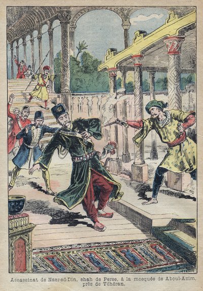 Atentát na Nassera Eda Dina (1831-1896), perského šáha (Írán) v roce 1896 (také nazývaný Nasseredin Shah, Nasserer-al-Din Shah Qajar, Nasser al-Din Shah Qajar, Nassiruddin Shah) - Ilustrace Achille Lemot pro „ Le-Pelerin“ z roku 1896 – Zavraždění od Achille Lemot