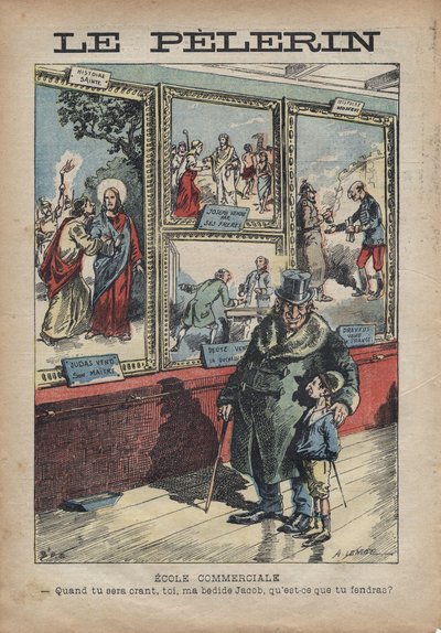 Kreslený antisemita od Achille Lemot pro „Le-Pelerin““ ze září 1896 - Obchodní škola: až se staneš grantem, ty můj vedle, Jacobe, co rozdělíš? od Achille Lemot