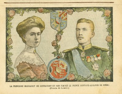 Ilustrace Achille Lemot (1846-1909) v Le Pelerin, 21.05.05 - Princezna Margaret z Connaught a její snoubenec princ Gustave-Adolphe ze Švédska - Monarchie, medaile, zahraniční panovník, Švédsko - De Connaught Margaret (1882-1920) , Gustav IV Adolf ze Švédsk od Achille Lemot